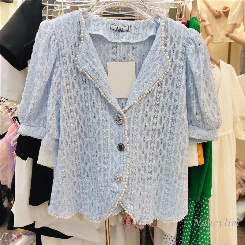 

Pearl Beaded Edge Lapel Lace Shirt Women Hollow Crocheted Elegant Loose Temperament Ladies Tops Loose Blouses Femme