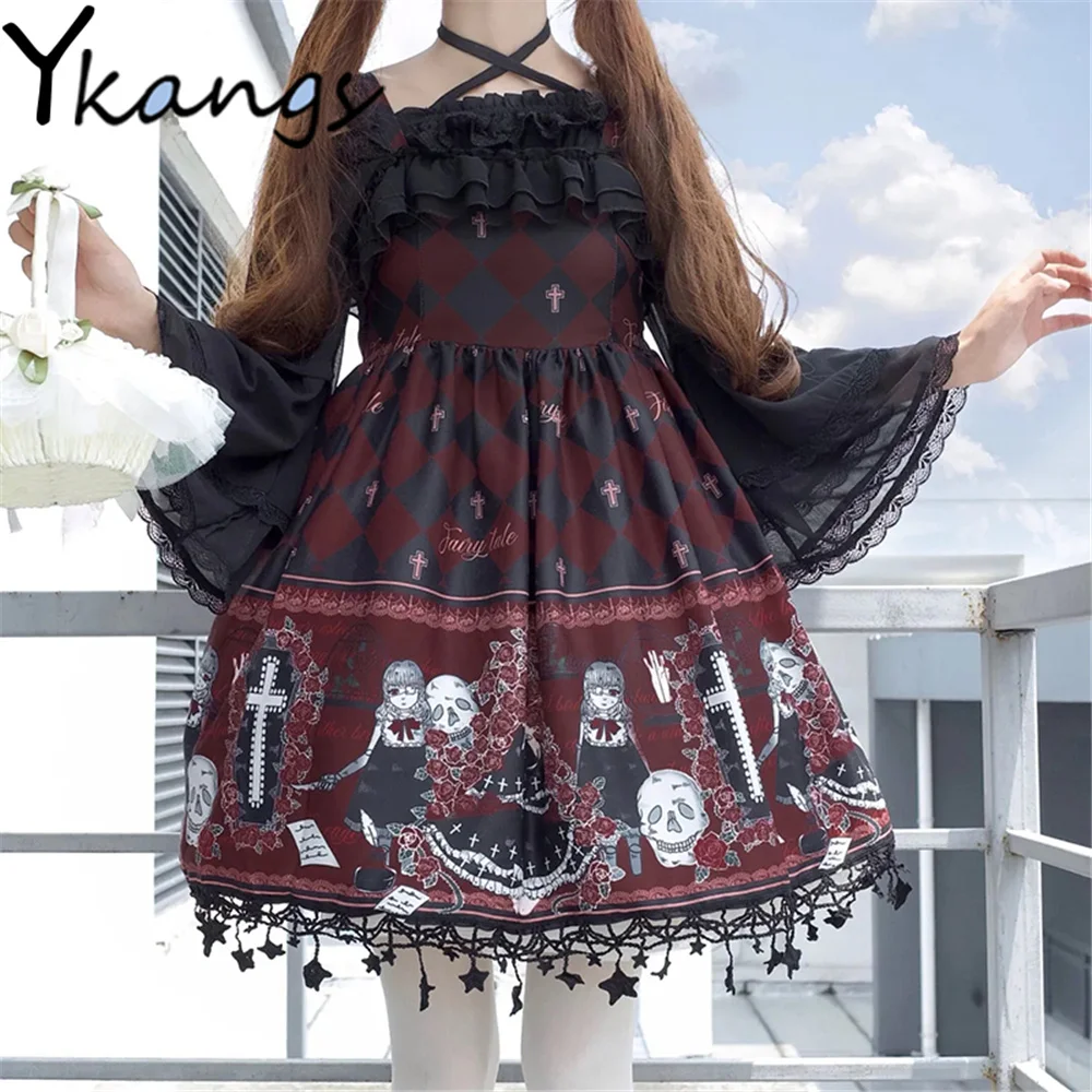 

Женское платье на бретелях, готическое платье в стиле «лолита» с принтом смерти, элегантное приталенное платье без рукавов в винтажном стил...