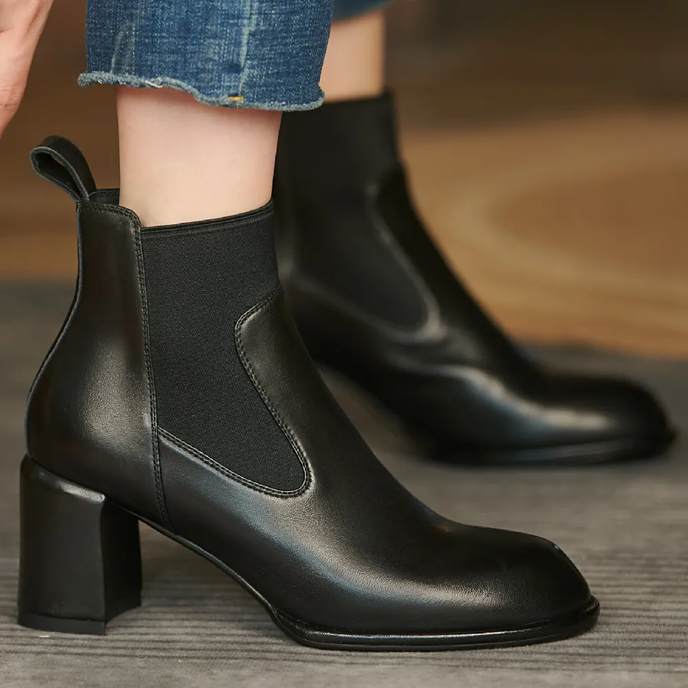 

Women's genuine leather elastic fabric patchwork slip-on thick high heel autumn ankle boots round toe casual short boots shoes