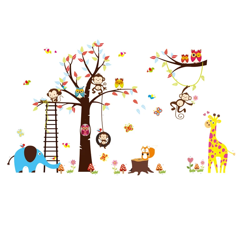 

kids room large woodland animal tree wall stickers adhesive baby children bedroom school jungle animal wall decal mural