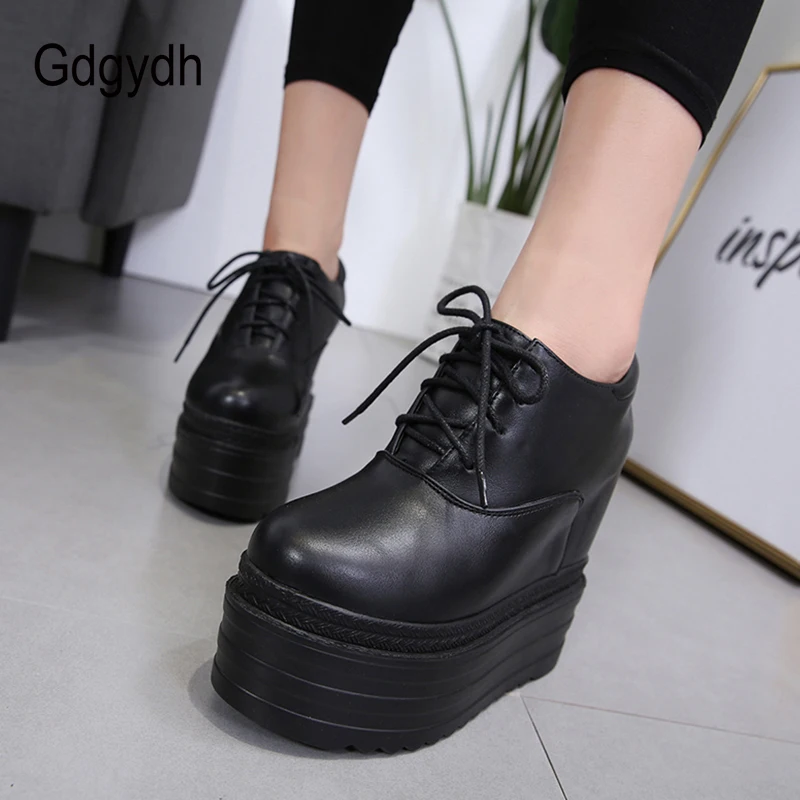 

Gdgydh Black Platform Heels Round Toe Lace Up Wedge Shoes Women Brogue Oxfords Shoes College Student Rubber Sole Anti-slip