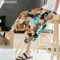 zazomde men new retro printing loose shorts linen beach sweat shorts casual traditional japanese floral short cropped trousers