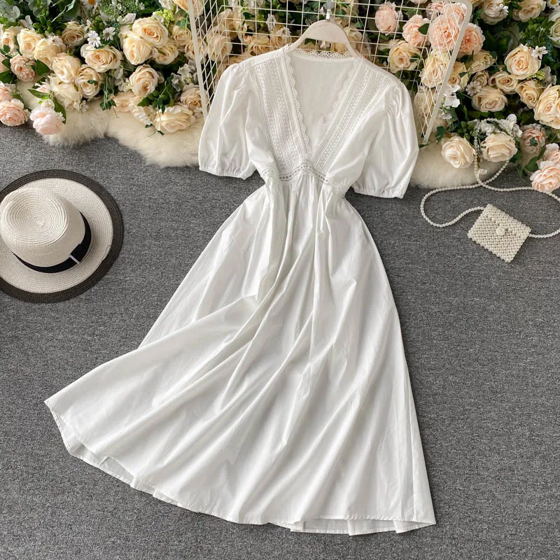 

FTLZZ Summer Women Elegant Relaxed V-neck A-line Medium Long Dress Hollow Out Flower Puff Sleeve Short Sleeve High Waist Dress