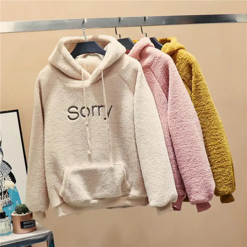 

Womens Fleece Flannel Pullover Female Sweatshirt Autumn Winter Coat Sweet Hooded Sorry Print Harajuku Loose Pocket Hoodies