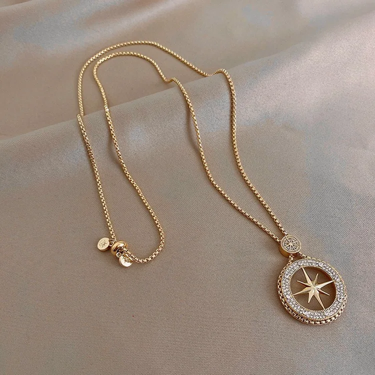 Dainty Zircon North Star Necklaces Women Hip Hop Jewelry Gold Round Eight Pointed Charms Necklace Fashion Party Chains Gift | Украшения и
