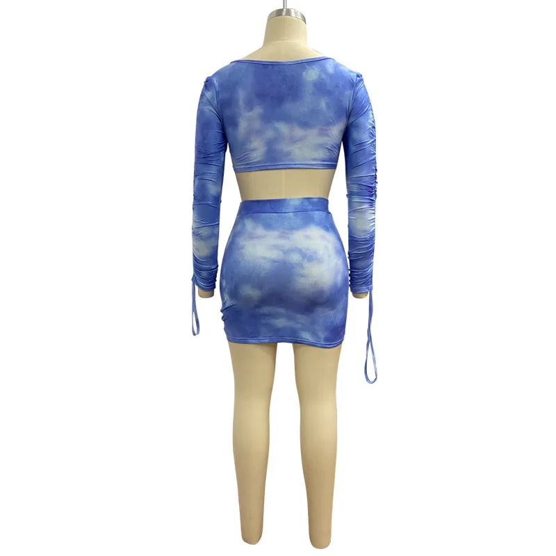 

European sexy tie dye printing nightclub two piece summer fashion V-Neck long sleeve bra and shorts women's suit