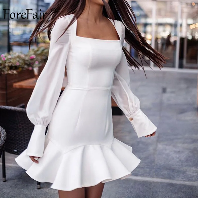 Женское вечернее мини платье Forefair черное или белое с оборками и длинным рукавом