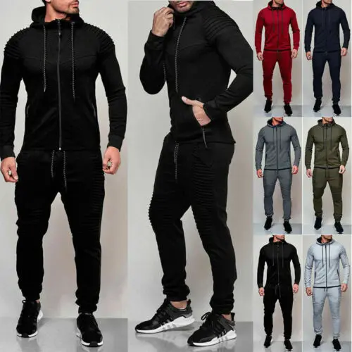 

Men's Tracksuit Two Pieces Clothes Set Solid Color Long Sleeve Hoodie with Long Pants Zipper Sweatshirt and Trouser Sport Outfit