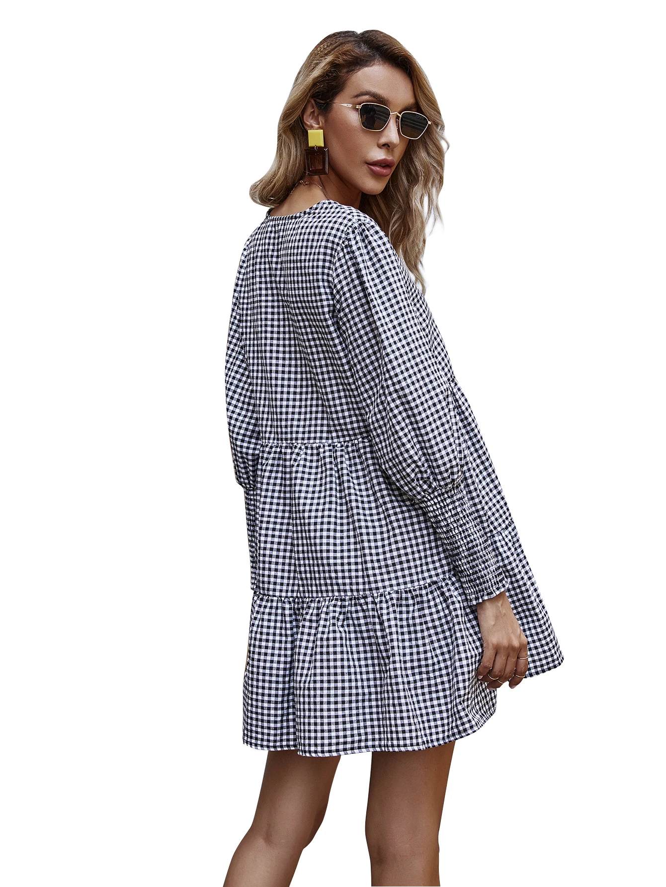 

Autumn Winter New Plaid Mini Dress woman Casual Thin A-Line Skirt Long-Sleeved Loose Black And White Elegant Dress