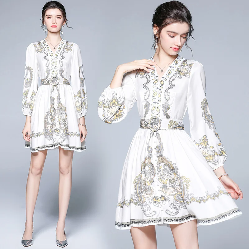 

Simgent Mini Dress Women V-Neck Single Breasted Lantern Sleeve Autumn Print Belted Dresses Vestidos Robe Femme Jurken SG18235