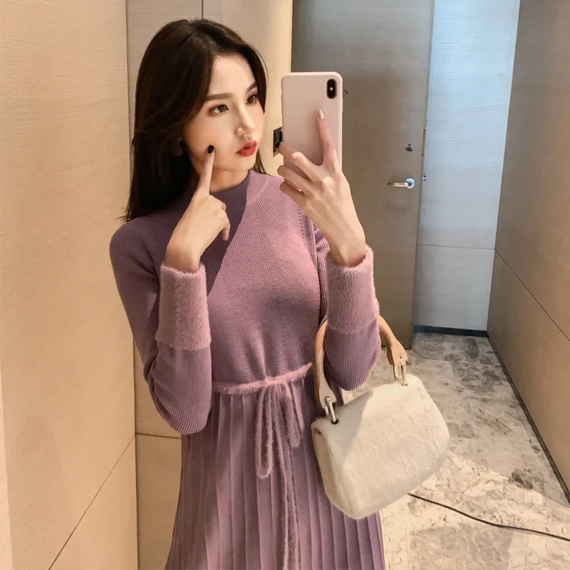 Женское трикотажное платье свитер облегающий пуловер с круглым вырезом в