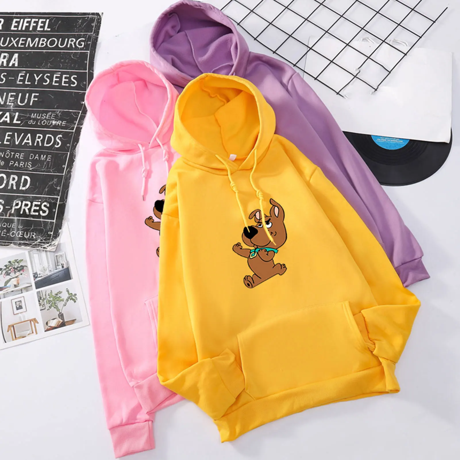 Autumn Women Cartoon Puppy Print Loose Hooded Sweatshirt Long Sleeve Hoodie