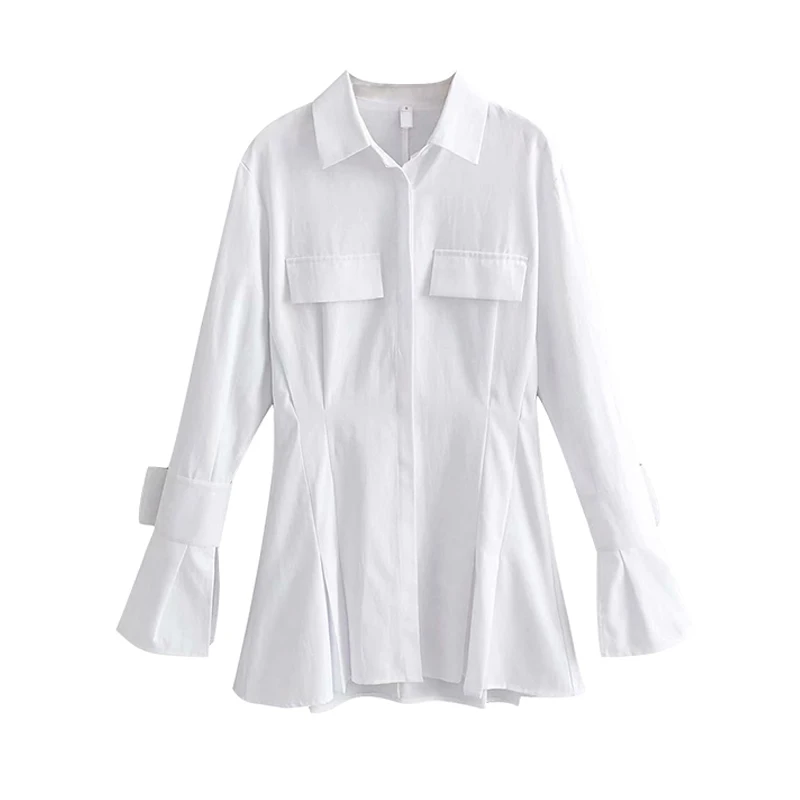 

Fashion New Style White Shirt Dress For Women 2021 Autumn Korean Simplicity Style Slim Flared Sleeve Lapel Button Mini Dresses