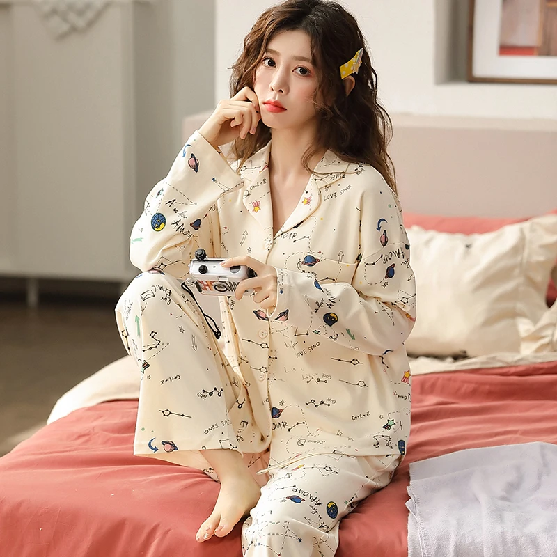 

Autumn Winter Cotton Women Pajamas Set Cartoon Pyjamas Womens Long Sleeve Turn-down Collar Cardigan Casual Soft Sleepwear