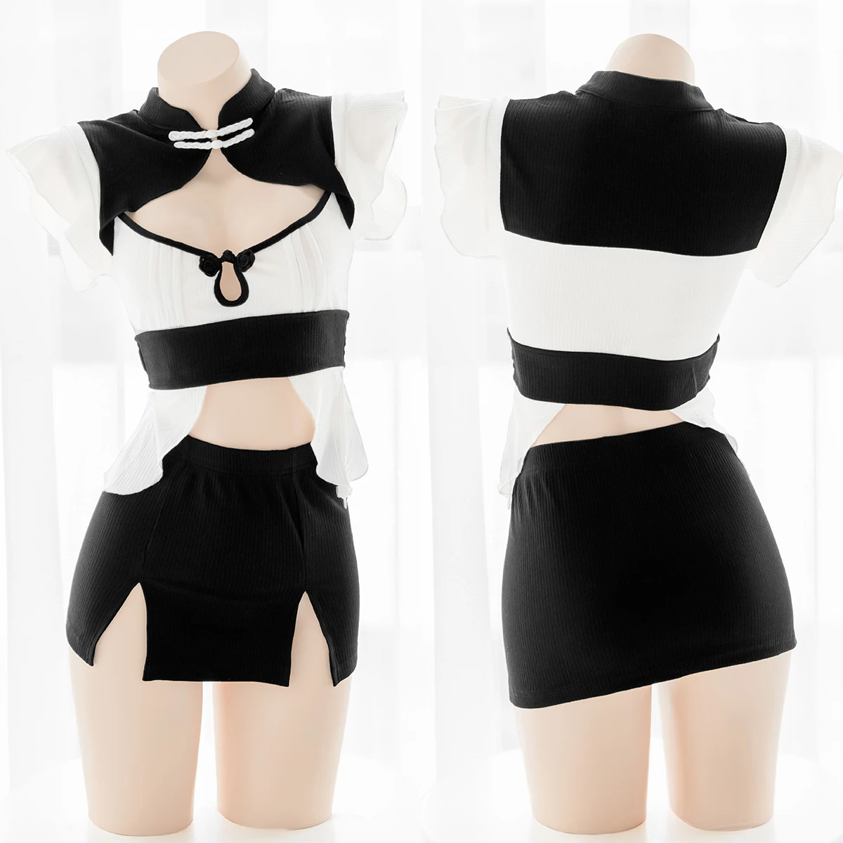 

Vintage Women's Cheongsam Hollow Out Pajamas Sexy Perspective Underwear Japanese Girls Nets Yarn Spilt Sleepwear Tops Skirt Suit