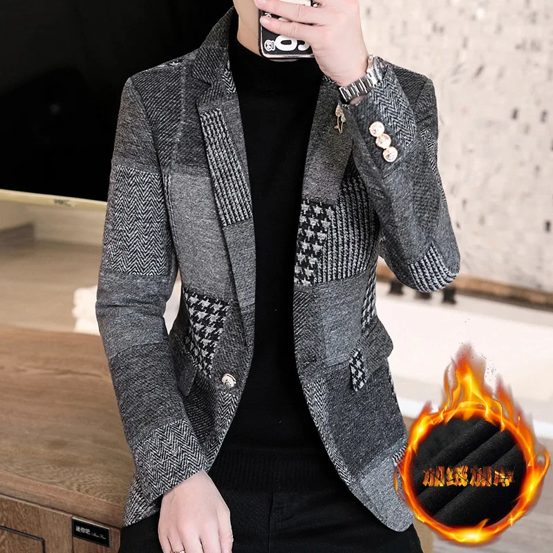 Мужской зимний жаккардовый однотонный плотный Блейзер Молодежный приталенный