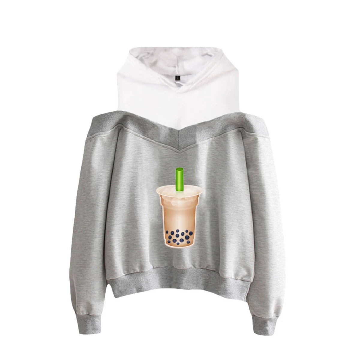 

New Milk tea Print Hoodies Women Off Shoulder Sweatshirt Y2K Girl Pullover Harajuku Streetwear Autumn Winter Clothes