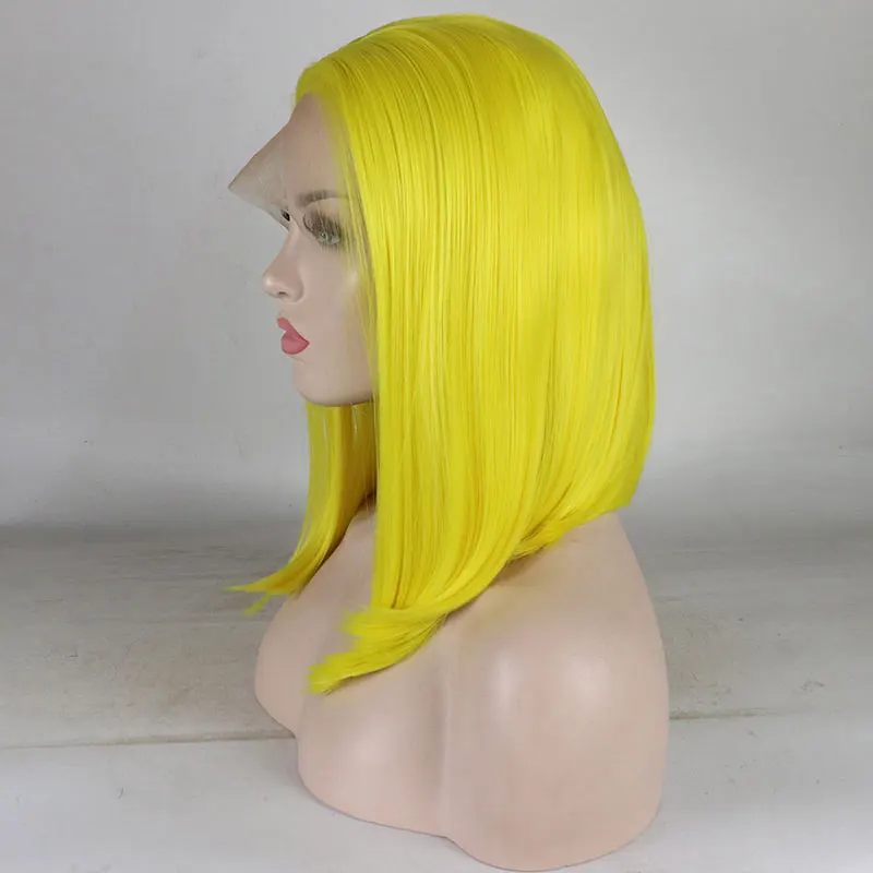 Bombshell Short Straight Bob Synthetic 13*4 Inch Lace Front Wig Yellow Heat Resistant Fiber Hair Middle Parting For Party Wigs