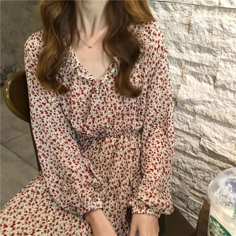 

GVUW 2021 New Spring Summer Fashion Women Dress Floral Print Full Sleeve V-collar Long Length Loose Slim Elegant Casual 20D083