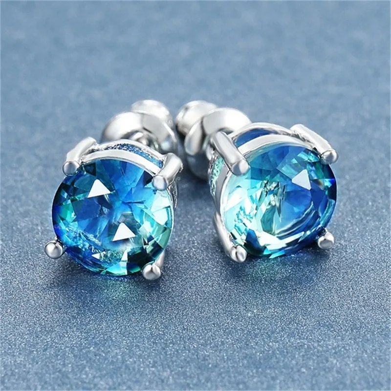 

Blaike Luxury Silver 925 Jewelry Blue Round Zircon Stud Earrings for Women Bride Wedding Party Earring Jewelry Birthday Gifts