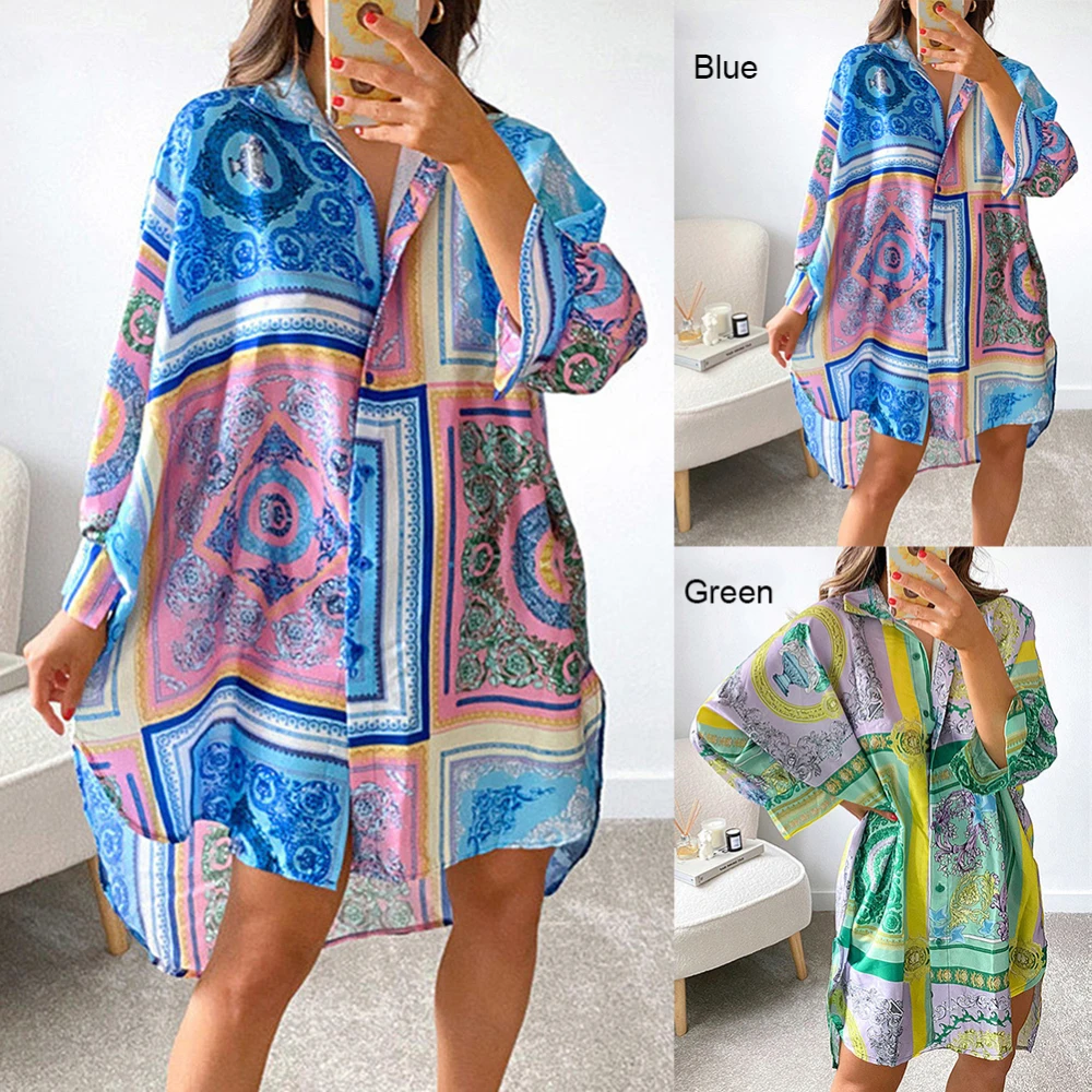 

Women's Sexy Mini Dress V-Neck Fashion Shirt Dresses Casual Blue Dress Party Beachwear Long Sleeve Printed Loose Skirt