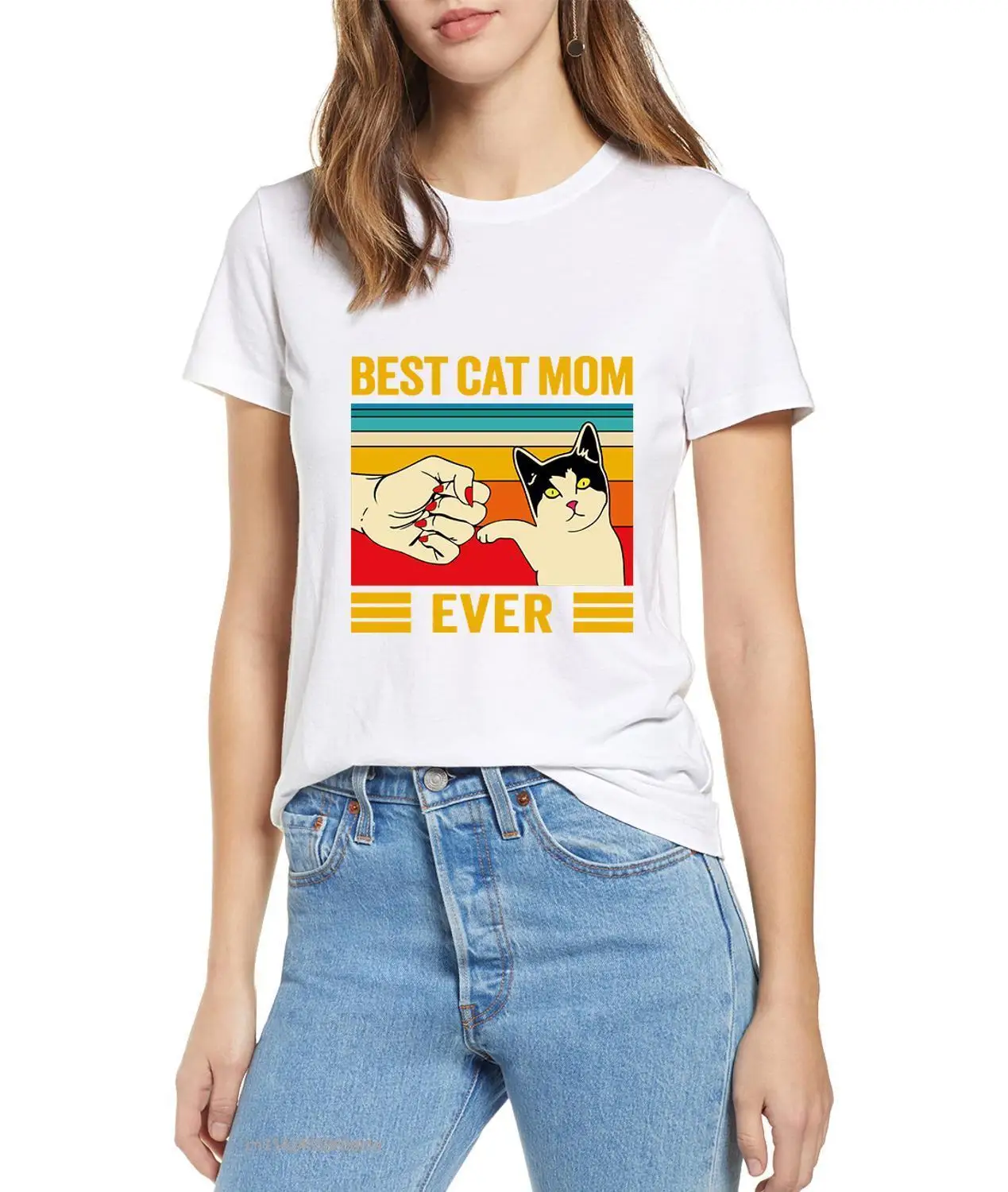 

Vintage Best Cat Mom Ever Fist Bump Daily T-Shirt Mother's Day Gift Short Sleeve Tee