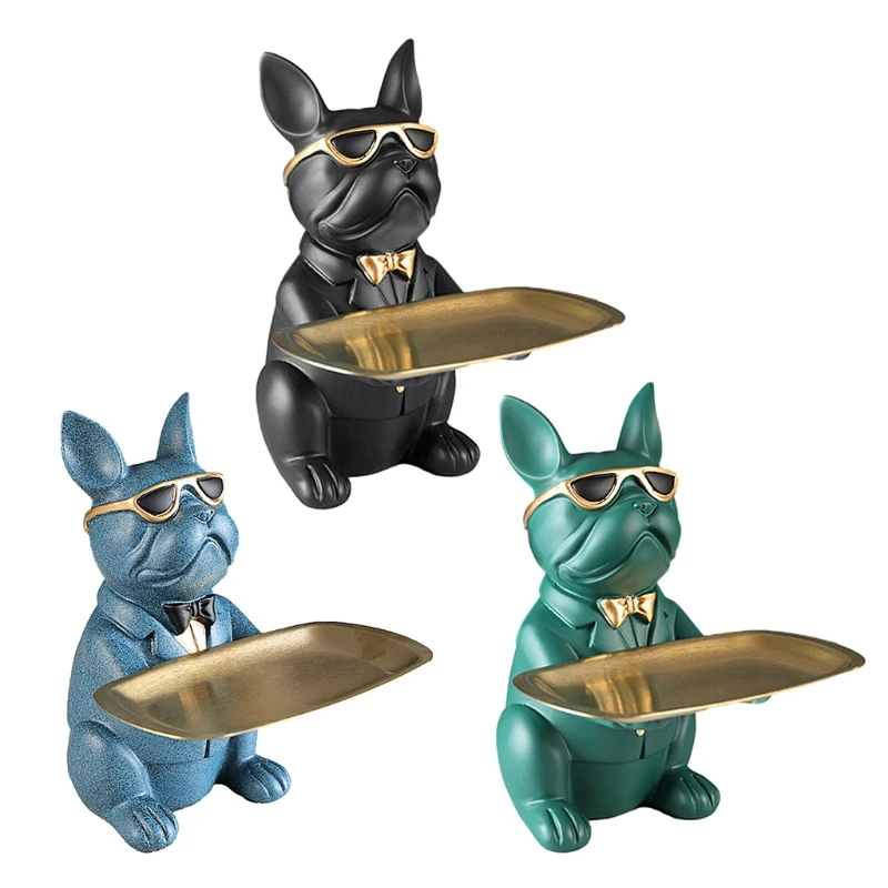 

Bulldog Statue Holding Storage Tray Cute Animal Sculptures Resin Keys Candy Dish Jewelry Earrings Holder Home Decor