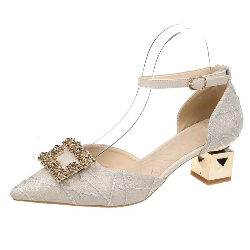 

Female Sandal Spring Shoes High Heels 2021 Women's Buckle Strap Girls High-heeled New Fashion Comfort Pointed Block Rhinestone