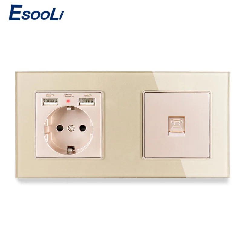 Электрическая розетка Esooli электрическая из закаленного стекла 2 разъема USB + 1