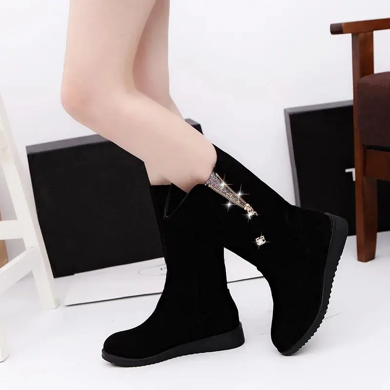

women's cashmere plush padded winter long riding motorcycle boots shoes women's frosted flat heel winter snow boots shoes