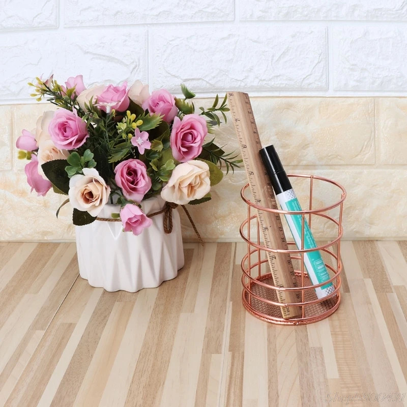 

Rose Gold Metal Pen Holder Box Case Desk Stationery Office School Desk Supplies O16 20 Dropshipping