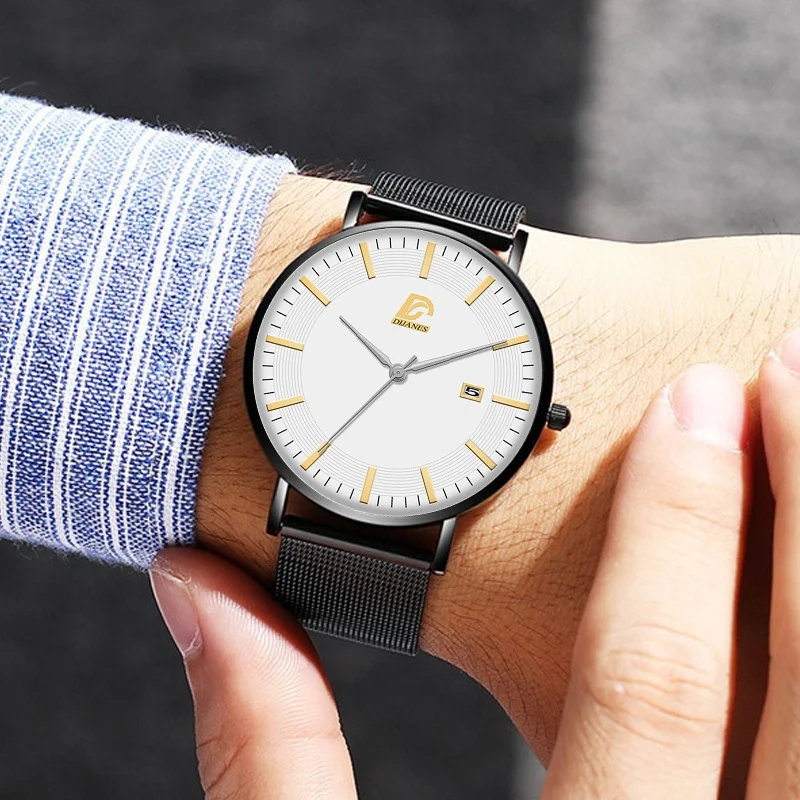 

Fashion Mens Watches Ultra Thin Stainless Steel Mesh Band Quartz Wrist Watch Men Luxury Business Casual Watch relogio masculino