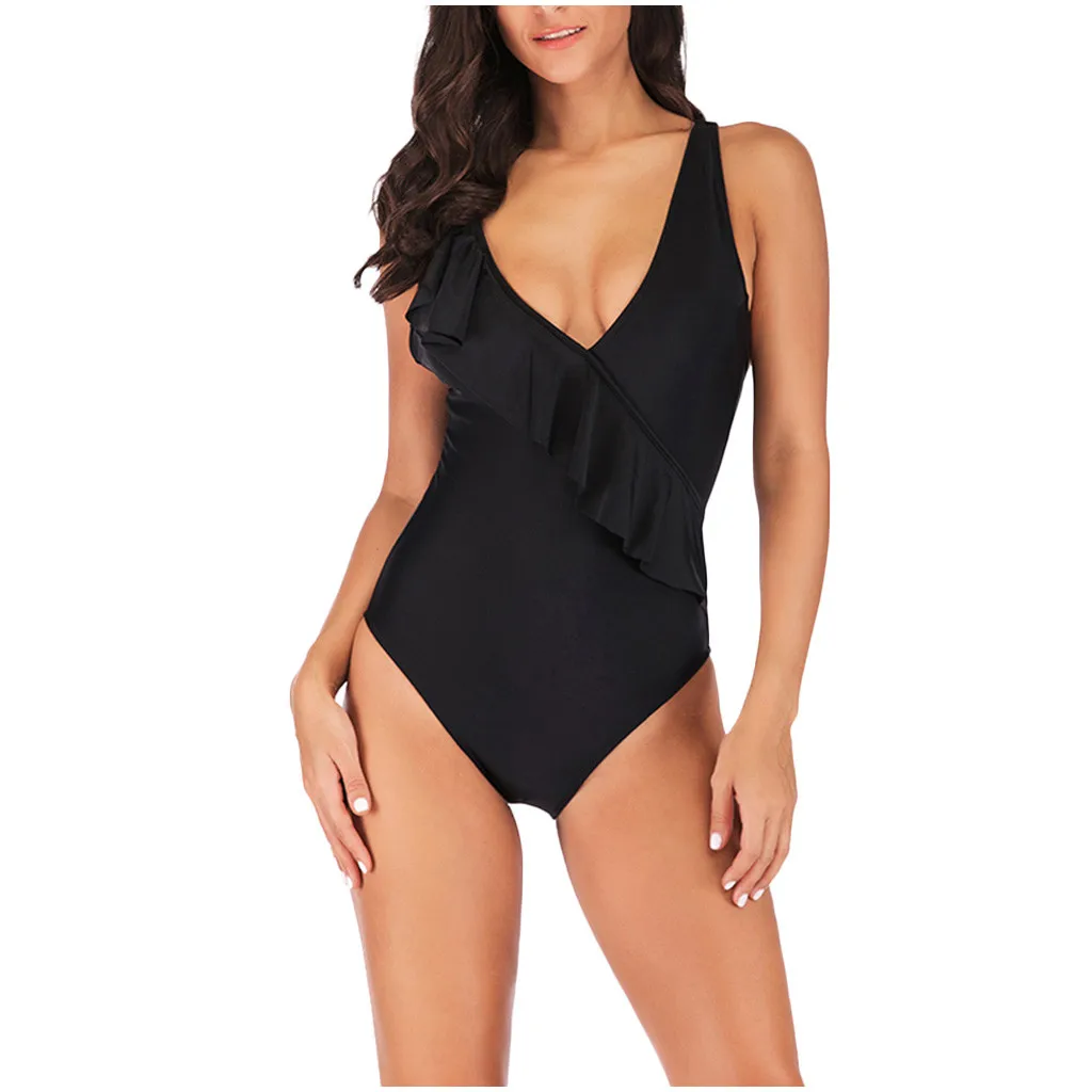 2020 Одноцветный Цельный купальник с оборками женский подкладкой бандаж вырезами