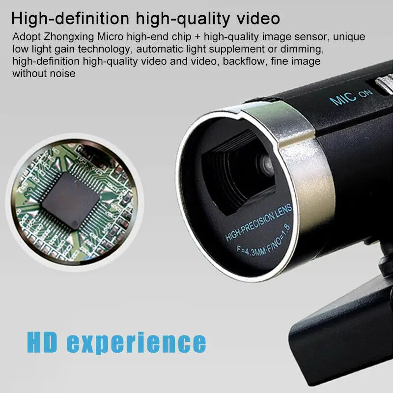 

USB 2.0 Webcam Laptop HD Camera with Microphone Night Vision Manual Focus 360 Degree Adjustable Built-in sensitive microphone