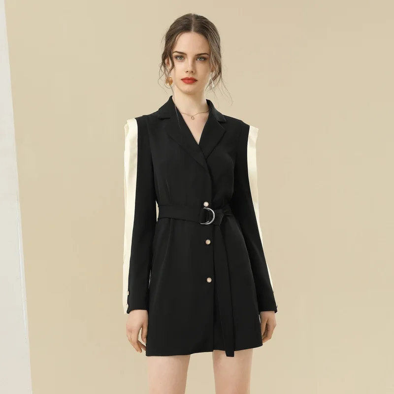 

2021 New V-Neck Suit With Elegant Temperament Of Women's Long Single-Breasted Waist Slimming Dress48091430