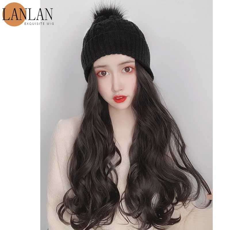 

LANLAN парик женский длинный волос осень и зима вязаный плюшевый головной убор парик одна женская мода длинные вьющиеся волосы большая волна