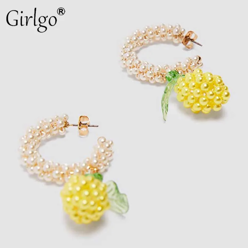 Серьги-кольца Girlgo ZA Лимон женские модные Висячие сережки в стиле бохо с бусинами
