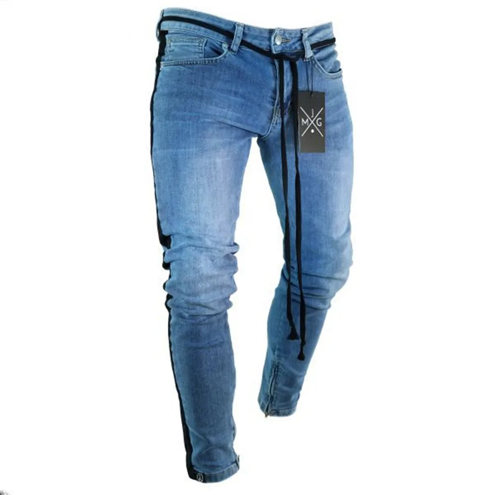

Ankle Zipper Skinny Jeans Men Hip Hop Stripe Elastic Slim Fit Denim Pants Male Pencil Bottoms Street knee Broken Holes Jeans 3XL