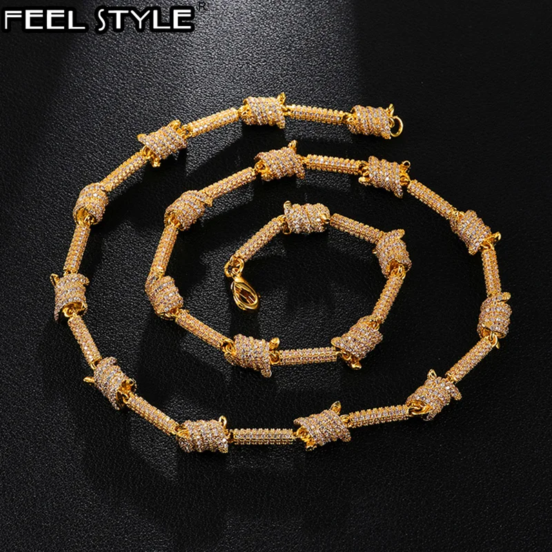 

7MM Iced Out Bling AAA CZ Cubic Zirconia Spiral Link Chain Necklace Bracelet For Men Rapper Jewelry Copper Gold Gold