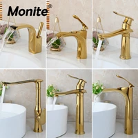 monite golden polished bathroom basin faucet solid brass faucet deck mounted vanity mixer tap plumbing fixture stream spout tap