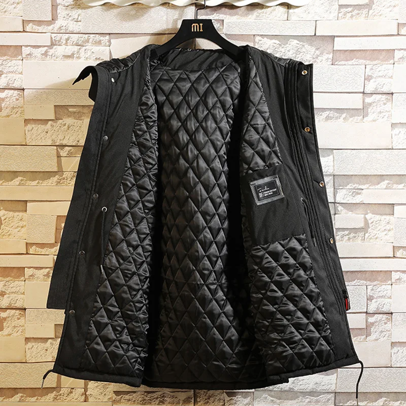 

2019 Winter Men's Long Coat fashion Thick warm slim Casual hooded jackets Long sleeve printed high quality cotton jacket black