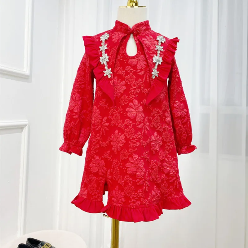 

2022 Spring Autumn Girls Fashion Crystal diamonds Party Dress Chinese Style Three-Dimensional Jacquard Lotus Leaf Dress y61