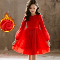 Girls Lace Dresses Winter Long Sleeve Thick Velvet Princess Dress Red Costumes Kids Clothes Puff Sleeve Girl Dress 4-14 Years
