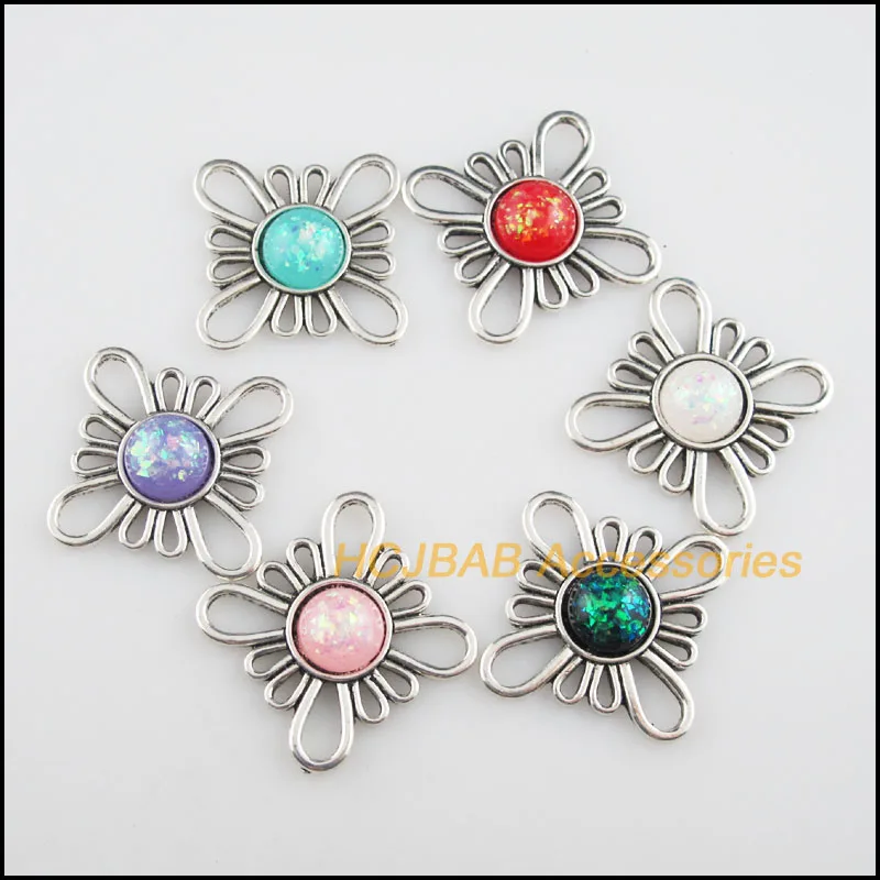 6 шт тибетские серебряные бусины AB серьги и кулон &quotКлевер&quot Смешанная Смола