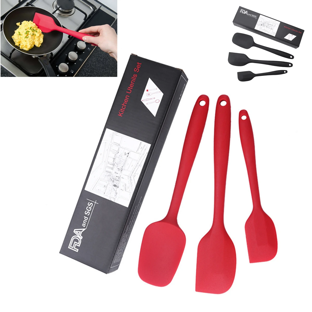 

3pcs/Set Silicone Non-Stick Shovel Scraper Cake Cream Spatula Spade Baking Pastry Cooking Tools Cookie Red black Food Grade