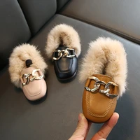 black kids flat shoes girls boots fashion winter warm toddler shoes childrens rabbit plush fur princess square head snow boots