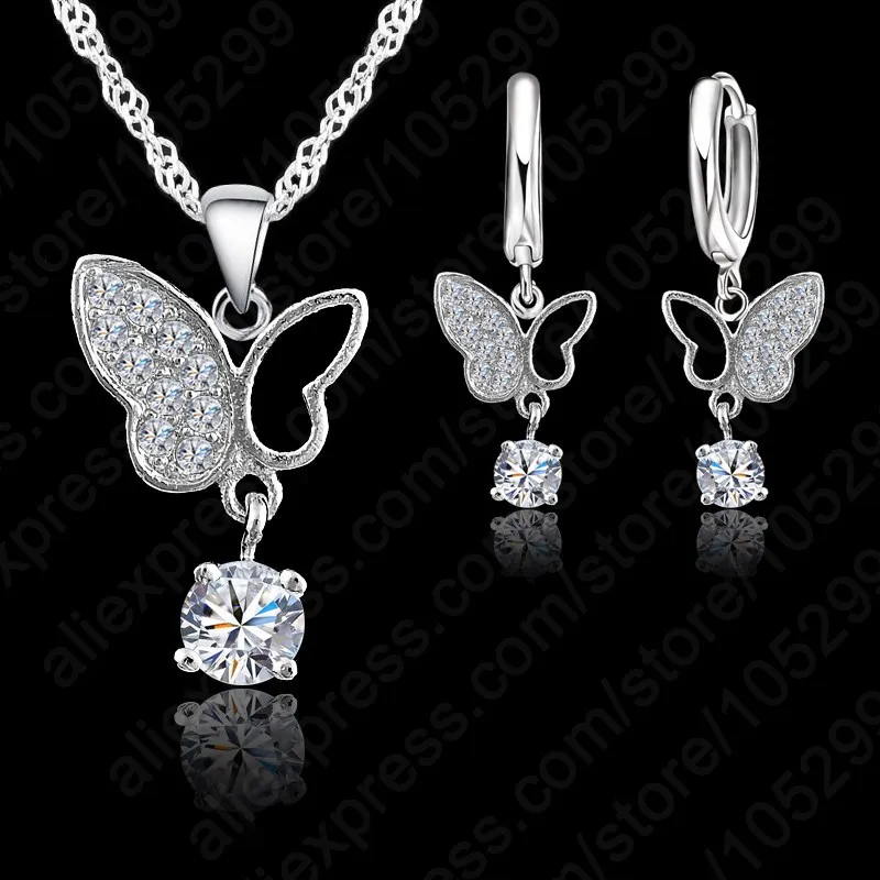 

Trendy 925 Sterling SilverCubic Zirconia Butterfly Crystal Necklace Pendant Drop Earrings Jewelry Sets Women Girl