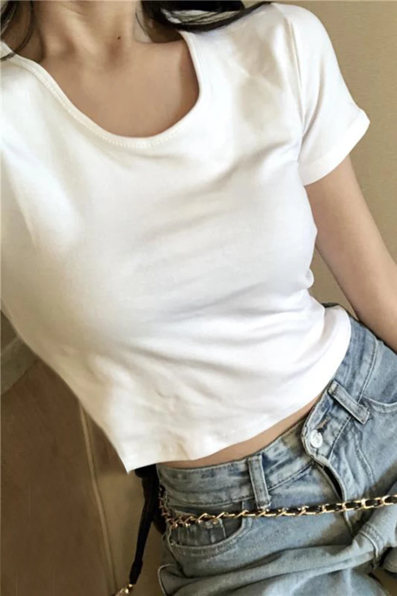 

Crop Top T-shirt WOMEN'S Short Sleeved Fashion Short Spring And Summer Women's Pure Cotton High-waisted Hong Kong Style Tops