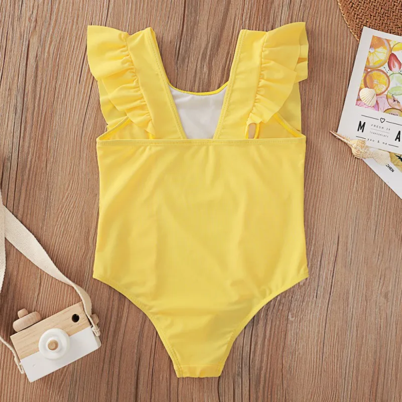 

Children's Swimwear Pure Color Flying Sleeve Sling Swimsuit For Kids Summer Bodysuits