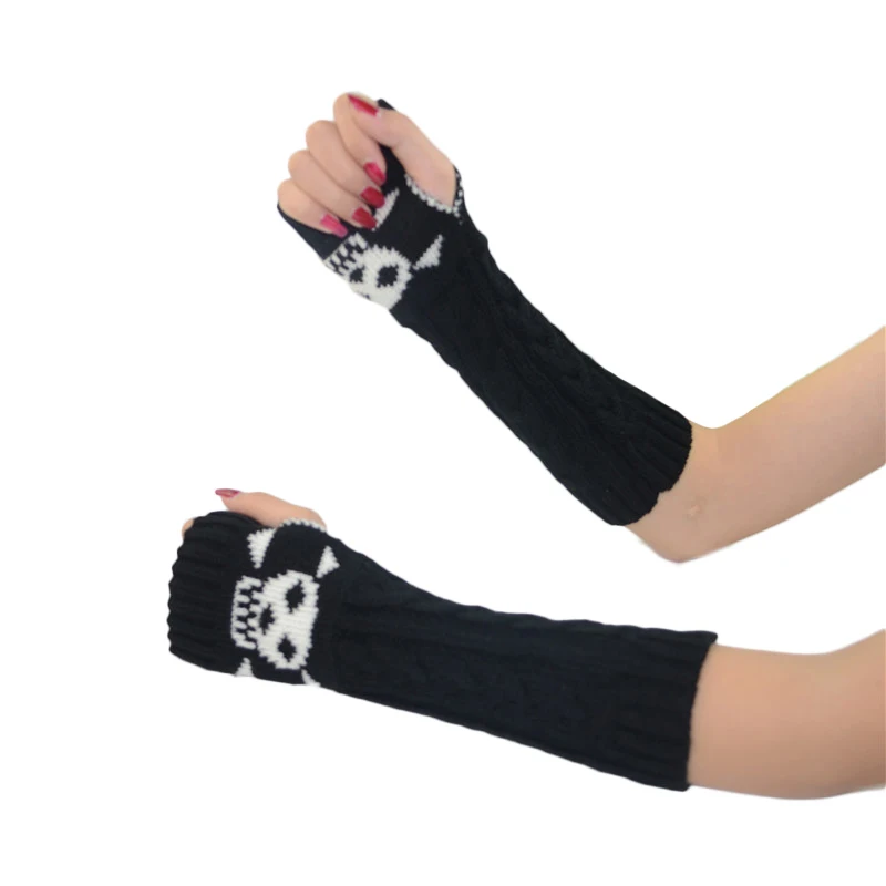 

Women Winter Wrist Arm Warmer Skull Knitted Long Fingerless Gloves Mitten Halloween Gloves Women's Knitted Sleeve
